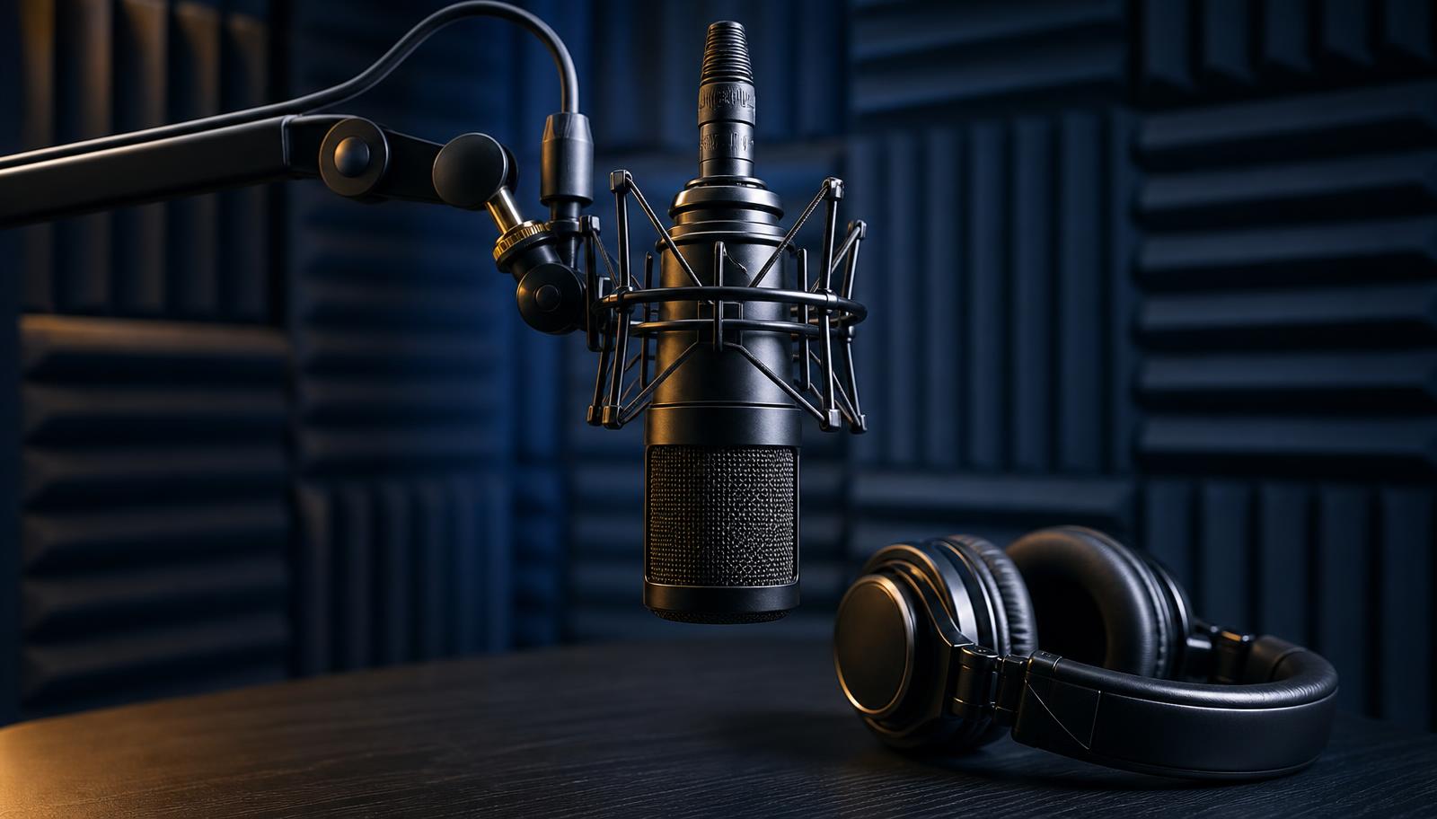 Microfone profissional em estúdio de podcast
