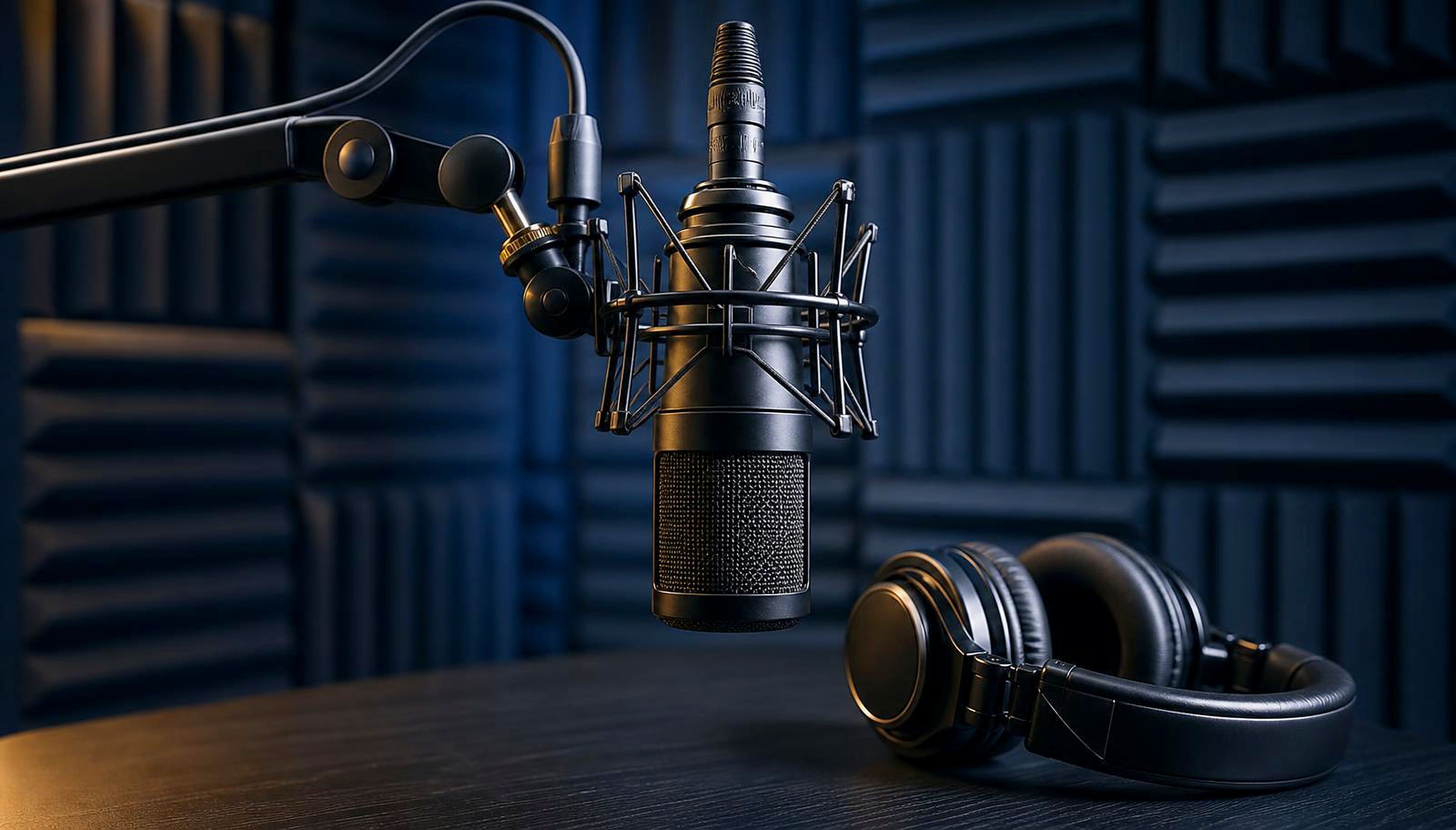 Microfone profissional em estúdio de podcast