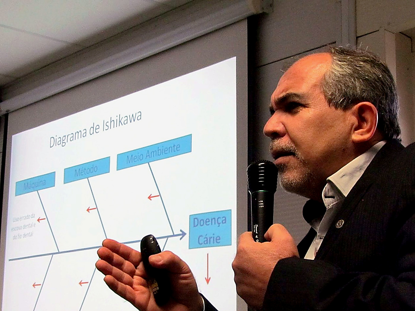 Augusto Dutra com microfone apresentando o Diagrama de Ishikawa em treinamento da Petrobras