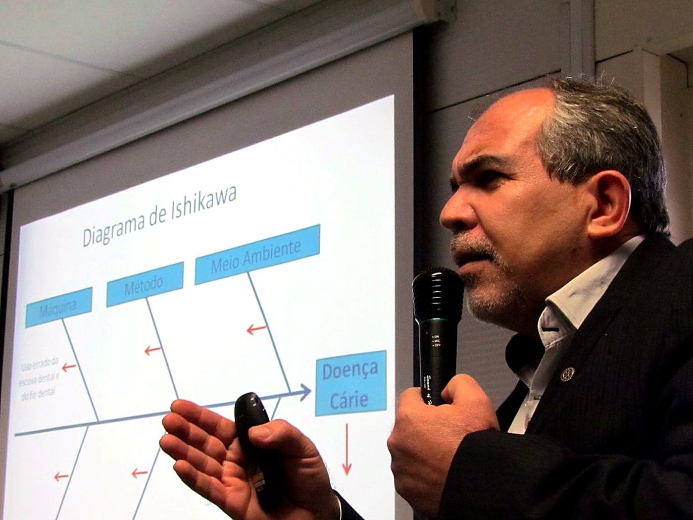 Augusto Dutra com microfone apresentando o Diagrama de Ishikawa em treinamento da Petrobras